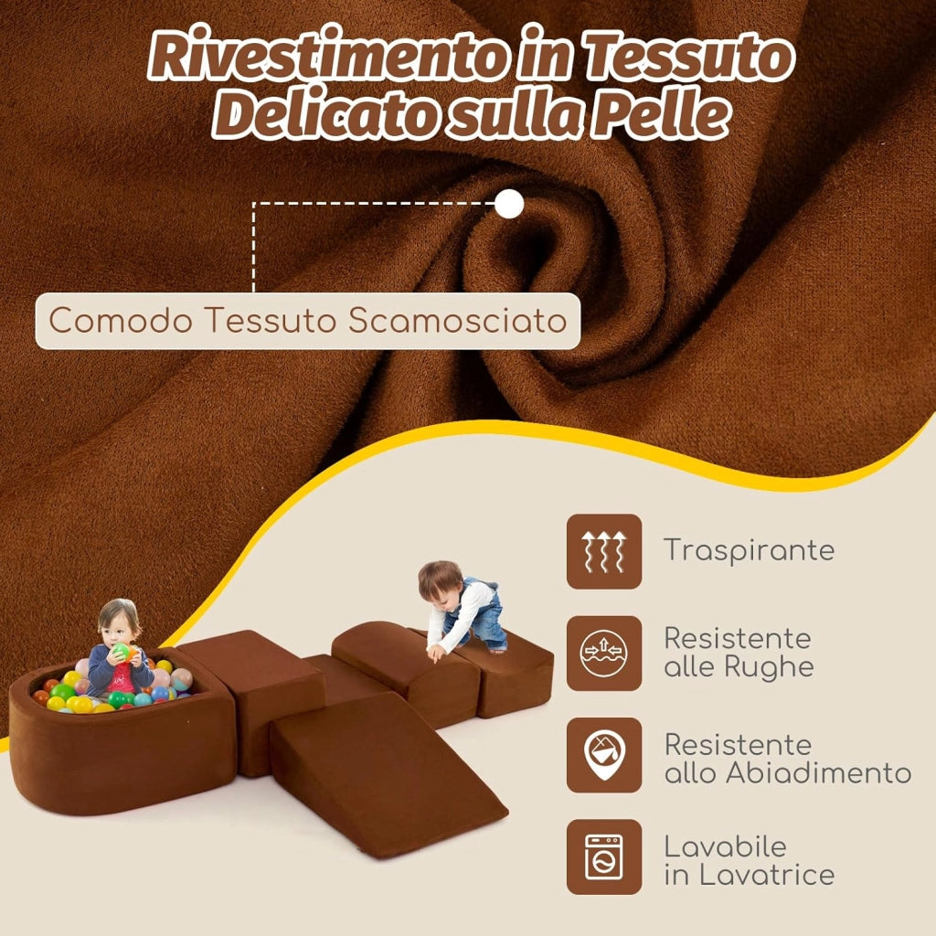 Set di 5 Pezzi Gioco in Schiuma, Blocchi con Piscina di Palline per Bambini, Coperture Lavabili con Cerniere, Blocchi Creativi per Stanza di Giocattoli, Camera da Letto (Marrone)