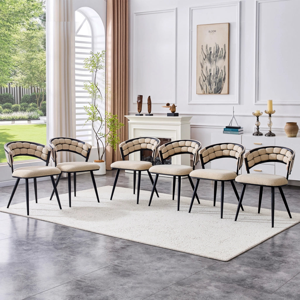 Sedia da Pranzo Set da 2 con Schienale Trapuntato e Gambe in Metallo in Velluto Beige e Nero