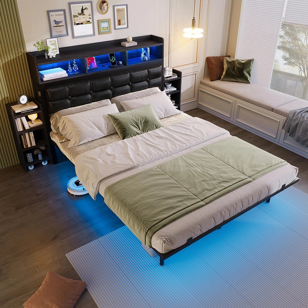 Letto matrimoniale - Xylo - 140x190 cm - Grigio - Testiera, comodini scorrevoli, ricarica USB/LED