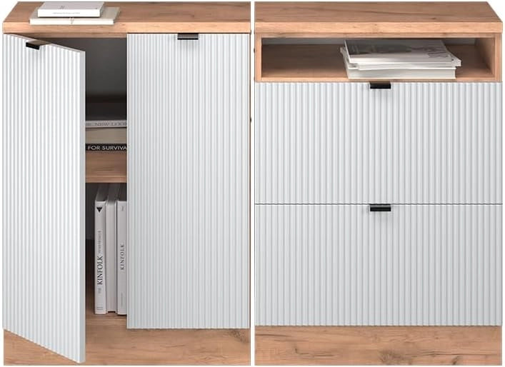 Set di mobili sottotetto Rion, Ondulazione bianca, 120 cm Set di 2 carcasse armadio profondità 60 cm, adatto per il salvaspazio sotto tetti spioventi