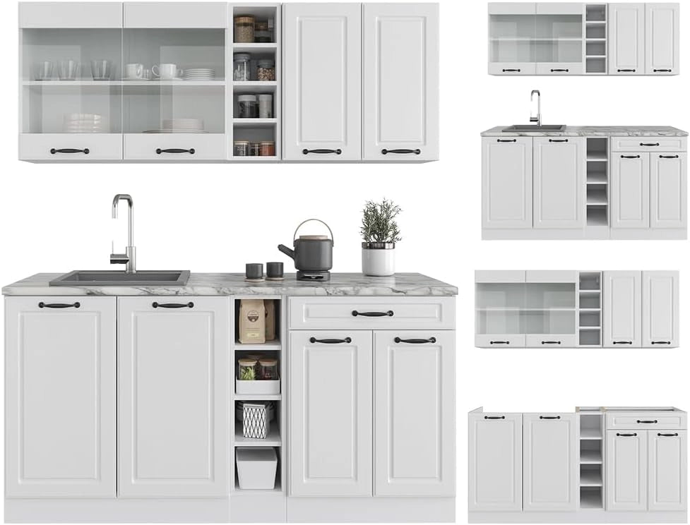 Cucina completa R-Line, Casa di campagna bianca/bianco, 160 cm, PL Antracite, con disposizione flessibile dei moduli ed espandibile