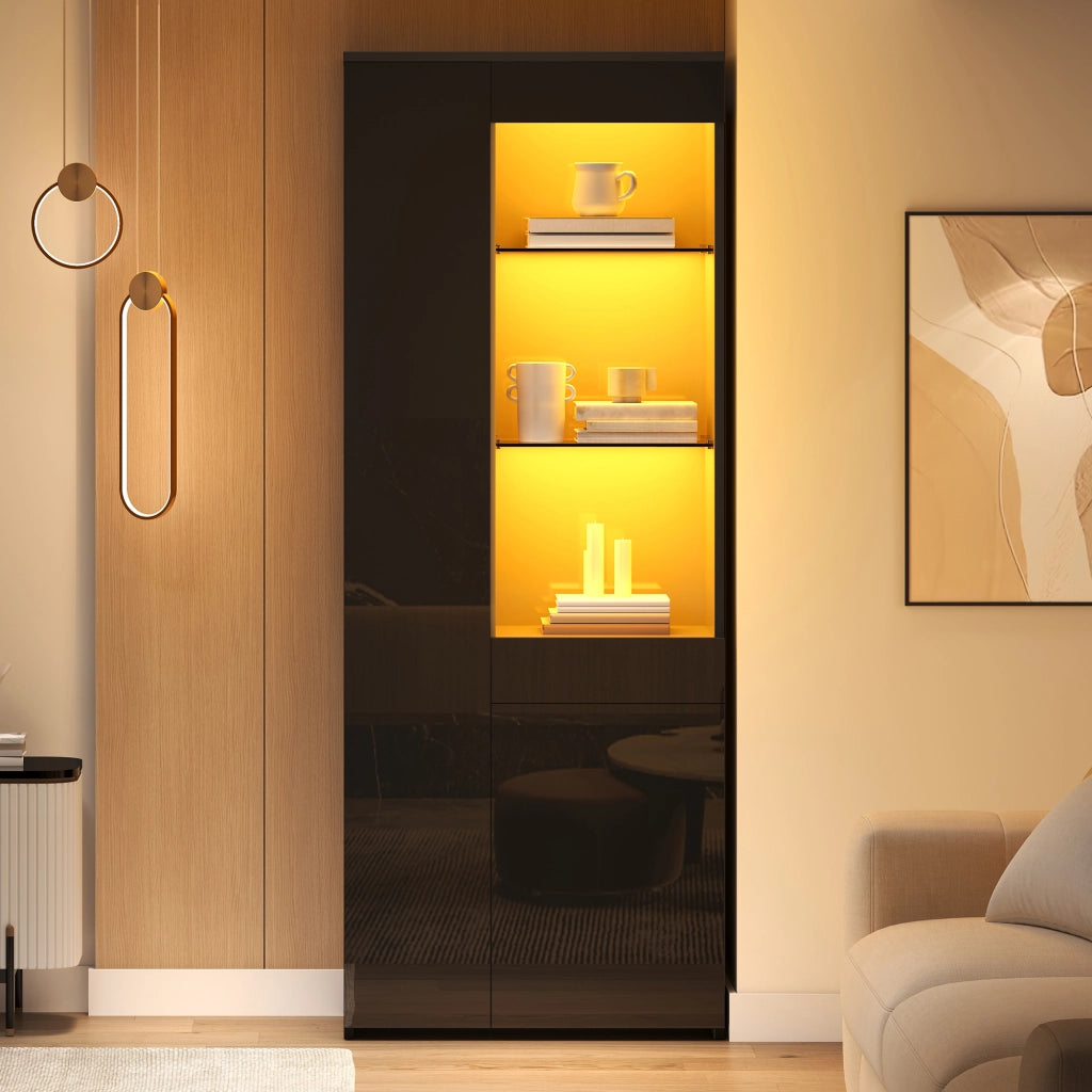 Vetrina con 2 ante; 1 cassetto e ripiani; illuminazione LED; per soggiorno; 70 x 35 x 180 cm; nera