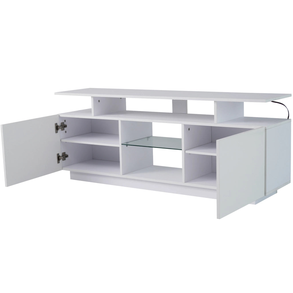 Mobile TV con 2 Ante e 5 Vani Aperti e LED Controllato da App; in Pannello Truciolare; Bianco; 140×35×55 cm