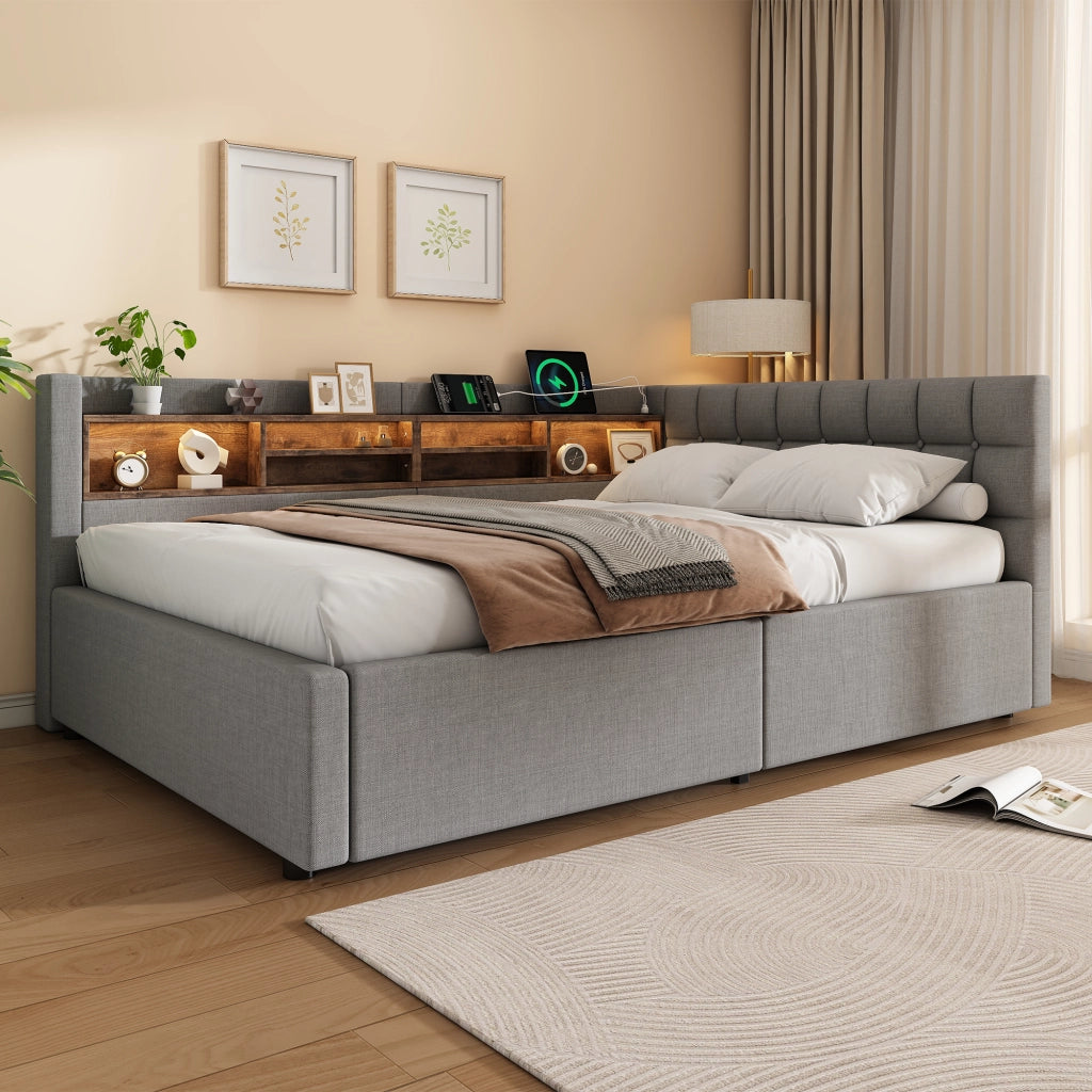 Letto matrimoniale contenitore 140x200 cm con sollevamento idraulico; LED; testiera con ripiano e USB; grigio