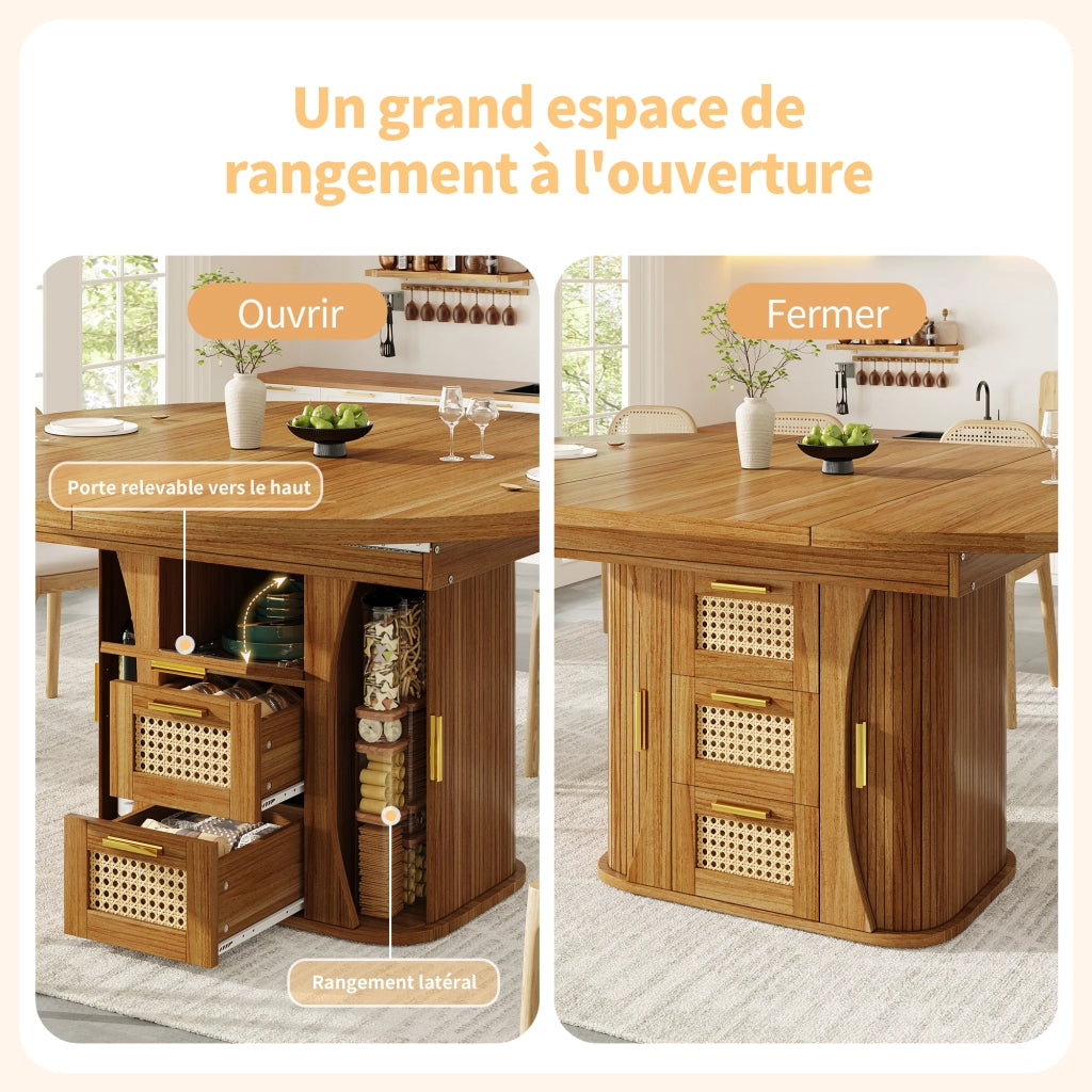Tavolo da pranzo estensibile con contenitore e cassetti effetto rattan per sala da pranzo 118 × 118 × 77;1 cm