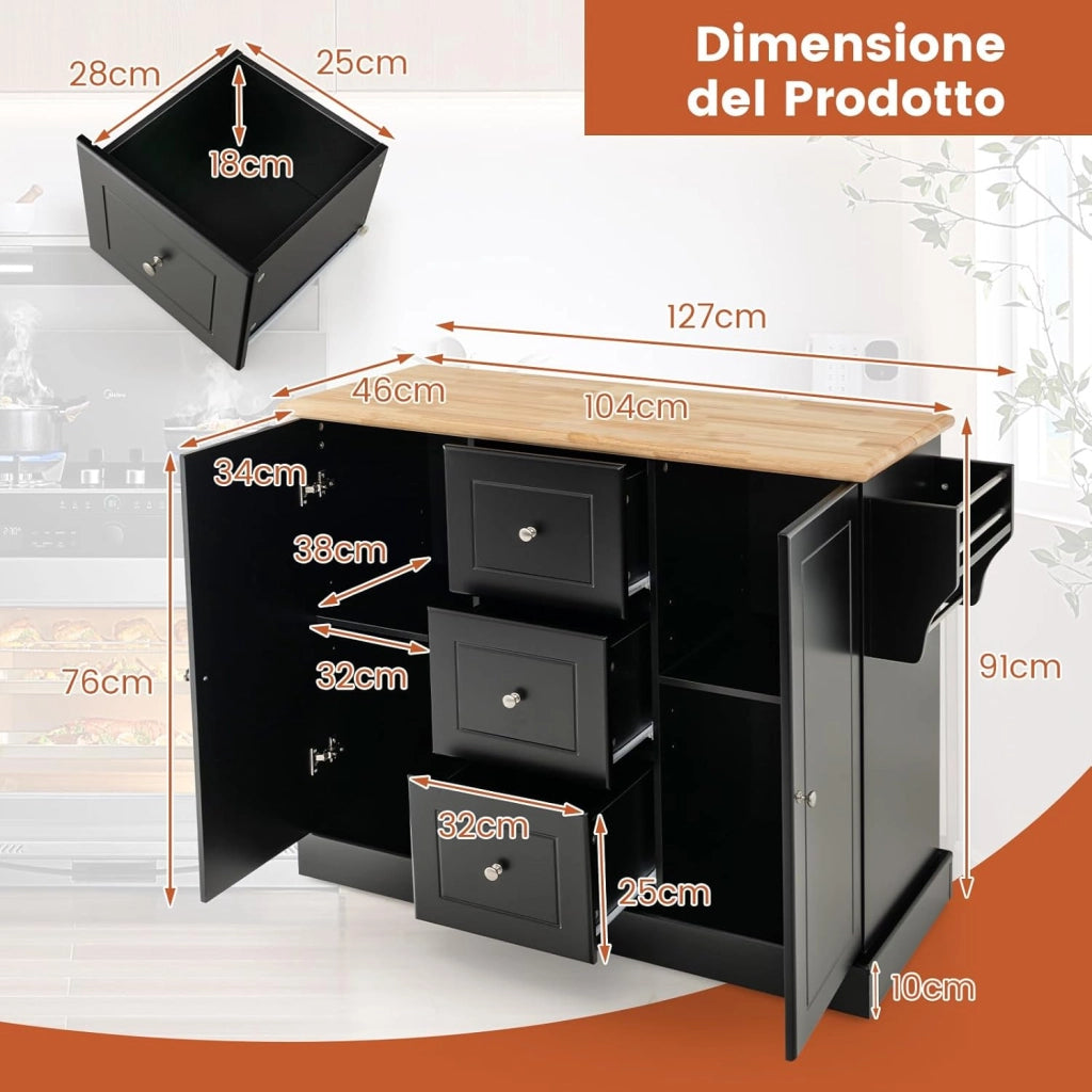 Carrello da Cucina Con Rotelle Nascoste, Isola in Legno Con 3 Cassetti e 2 Armadietti, Credenza Con Barra Laterale per Asciugamani e Portaspezie, 127x46x91,5cm (Nero)