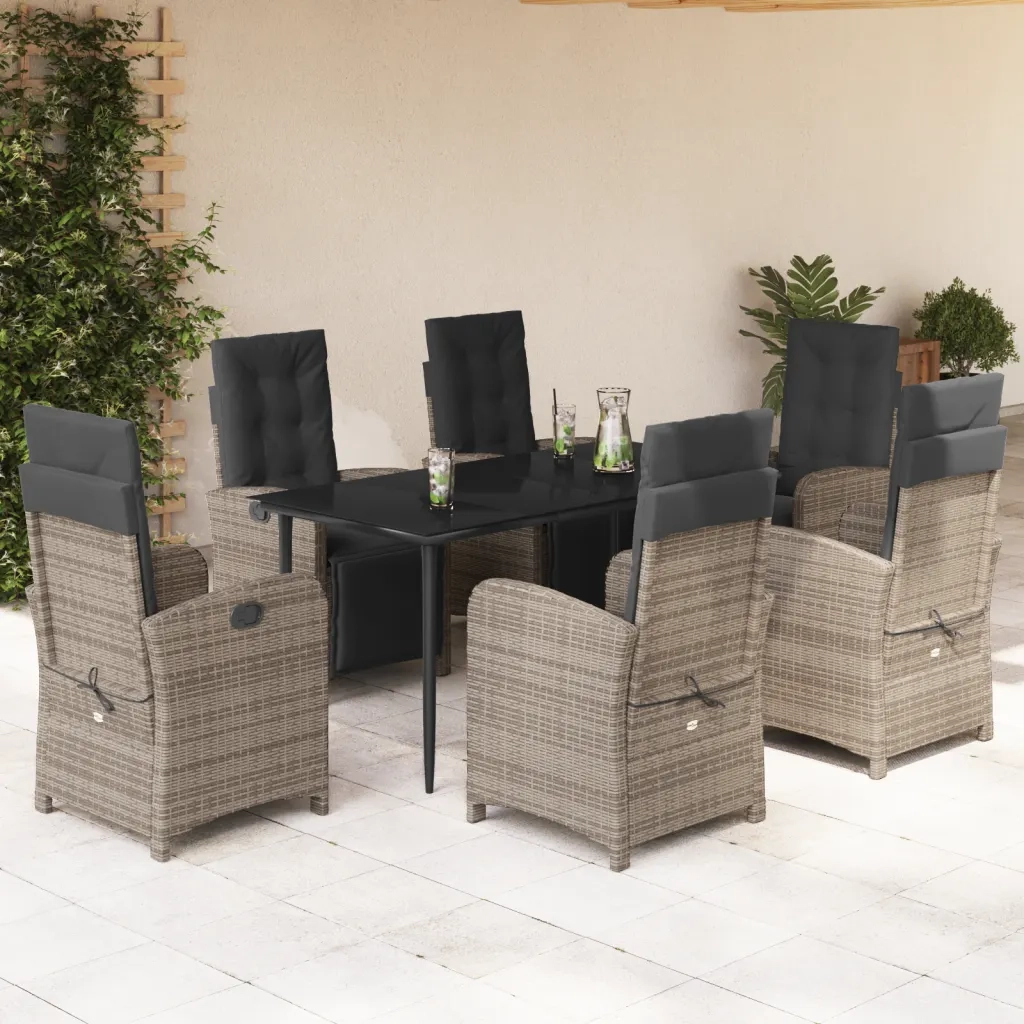 Set da Pranzo da Giardino 7 pz con Cuscini in Polyrattan Grigio