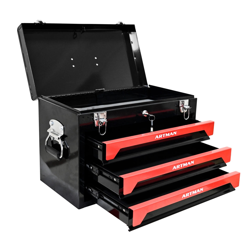 CASSETTA PORTA ATTREZZI con 3 cassetti 50x27x35 cm in acciaio Nero-Rosso