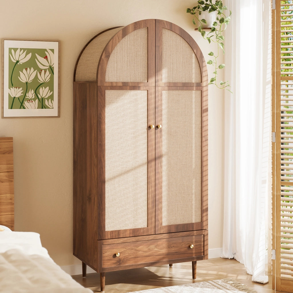 Armadio guardaroba con ante in tessuto; cassetto e asta appendiabiti 79x50x175 cm effetto noce