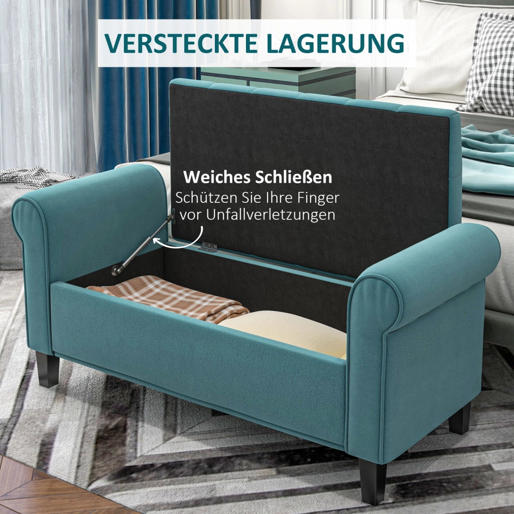 Panca contenitore in effetto velluto con seduta imbottita e braccioli, in poliestere verde 126 × 48,5 × 57 cm