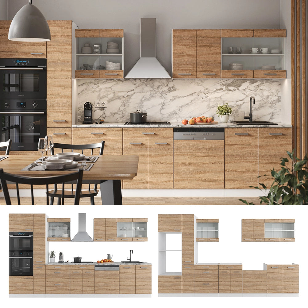 Cucina componibile R-Line Sonoma/Bianco 350 cm con armadio alto, PL Antracite Vicco