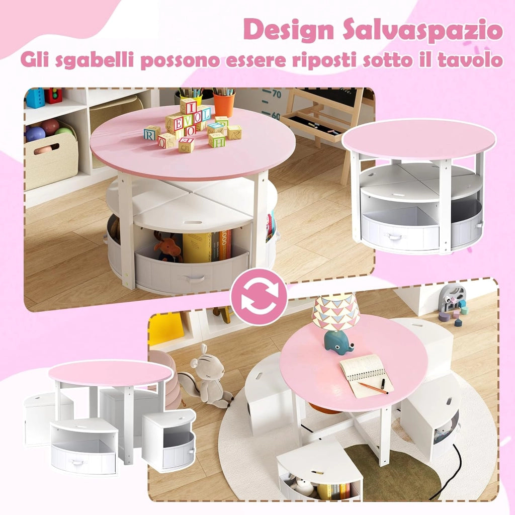 Set Tavolo e Sedie per Bambini a 5 Pezzi, Tavolino Rotondo Salvaspazio con 4 Sgabelli, Ripiano e 4 Cassetti in Tessuto, Set Mobili per Cameretta, Asilo e Disegnare (Rosa)
