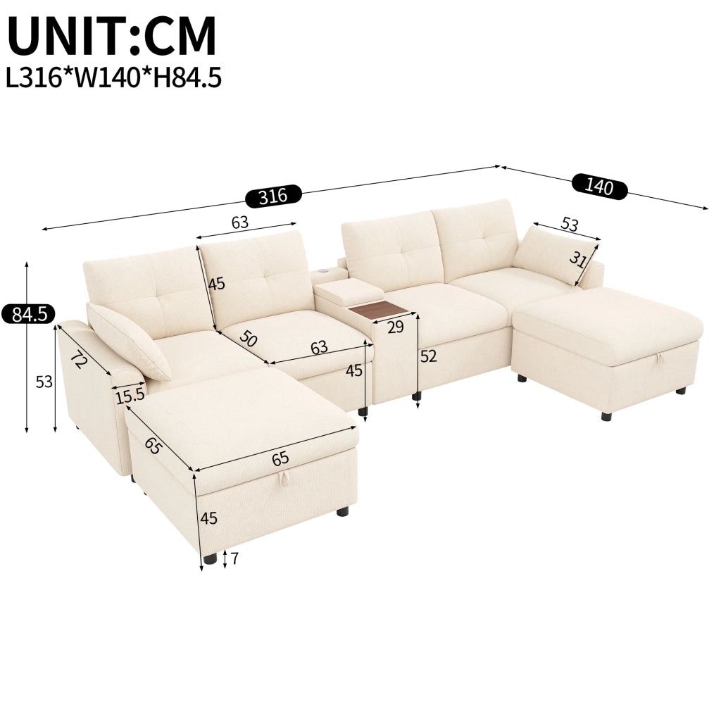 Divano angolare modulare 6 posti con 2 pouf contenitore e consolle centrale con USB e Type-C, in ciniglia beige