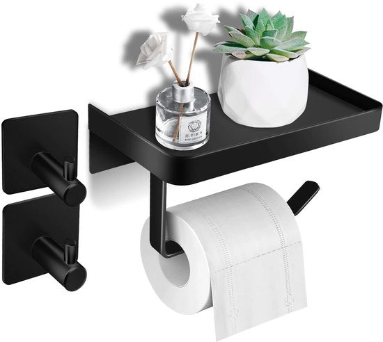 Sostegno per carta igienica senza perforazione, sostegno per carta igienica in acciaio inox nero lucido, sostegno per carta igienica con mensola, set di sostegno per carta igienica con 2 ganci per la decorazione della camera da bagno.