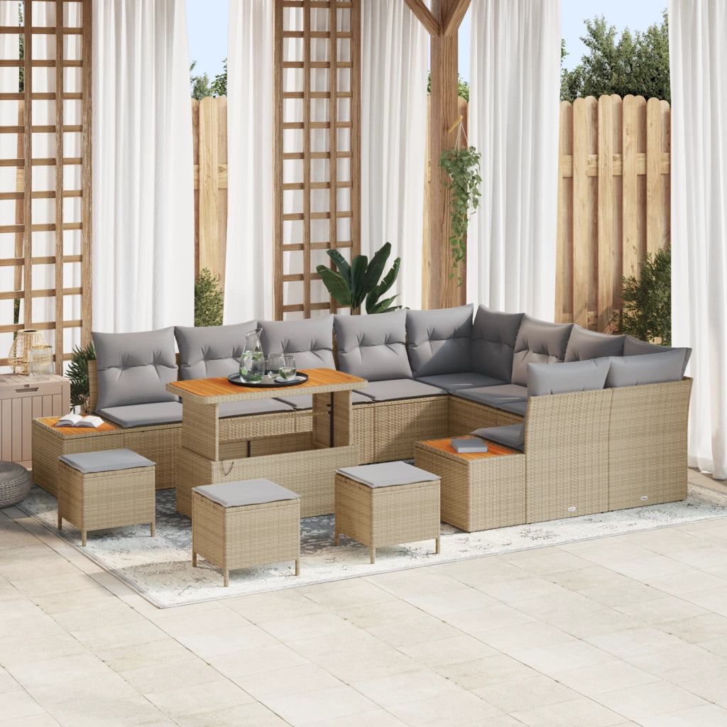 Set Divano Giardino  13 Pezzi Cuscini Beige Rattan Polietilene Acacia