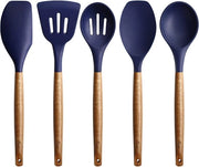 Kit di rivestimento antiaderente con manico di legno di acacia naturale e silicone, resistente a elevate temperature.