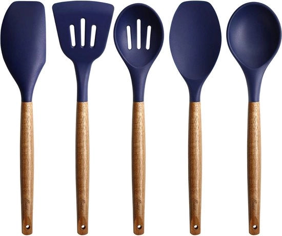 Kit di rivestimento antiaderente con manico di legno di acacia naturale e silicone, resistente a elevate temperature.