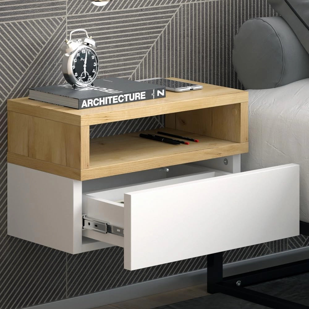 Comodino camera da letto Urbano, Quercia dorata, Set di 2, montabile a parete per un utilizzo salvaspazio in camera da letto
