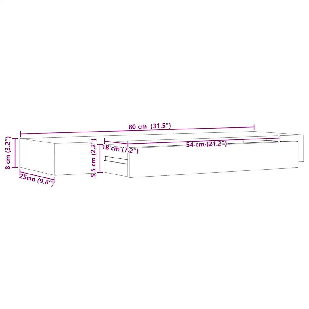 Mensola a Muro Galleggianti con Cassetto Nera 80x25x8 cm 288206