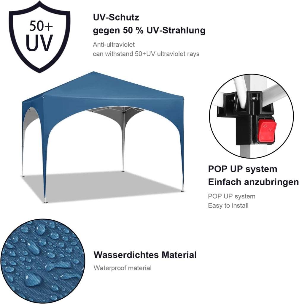 Gazebo da Giardino Richiudibile 3x3m Gazebo Esterno in Ferro Regolabile in Altezza Tendone con Soffitto Semicircolare Pieghevole Protezione Solare, Tende per eventi Facile da Montare Blu