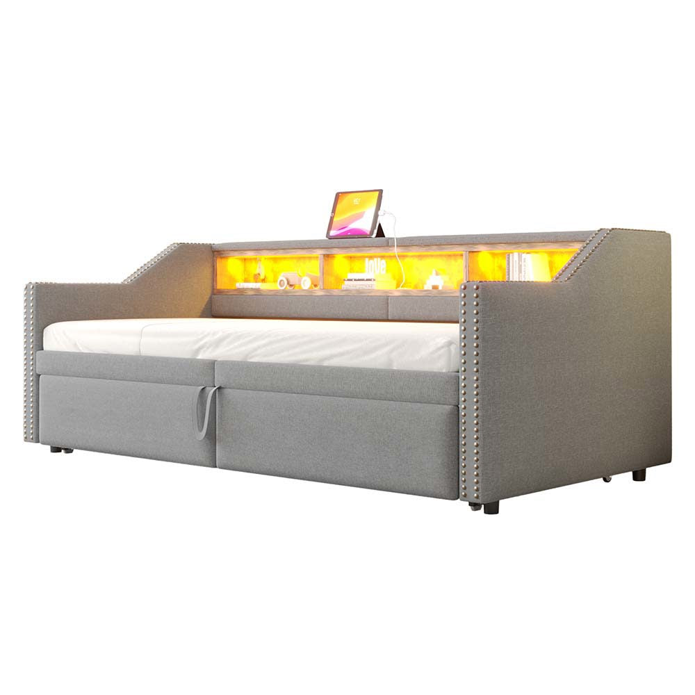 Divano letto - Xylo - 90x200 cm LED USB contenitore grigio chiaro