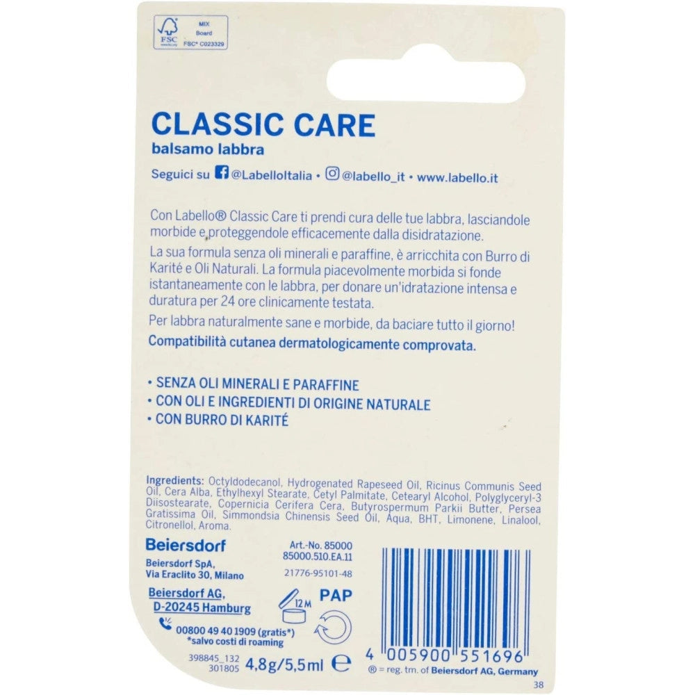 Trade Shop - Labello Classic Care Stick Balsamo Labbra Formula Senza Oli Minerali E Parabeni -
