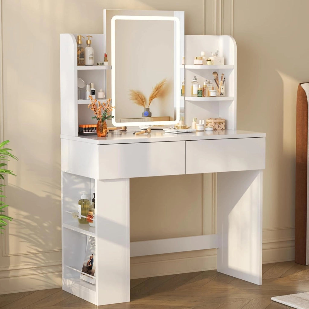 Toeletta Trucco con Luci LED 3 con Luminosità Regolabile,Tavolo da Trucco con Specchio, Ripiani Regolabili, 2 Cassetti, in Legno,Moderno (Rosa, 90cm)