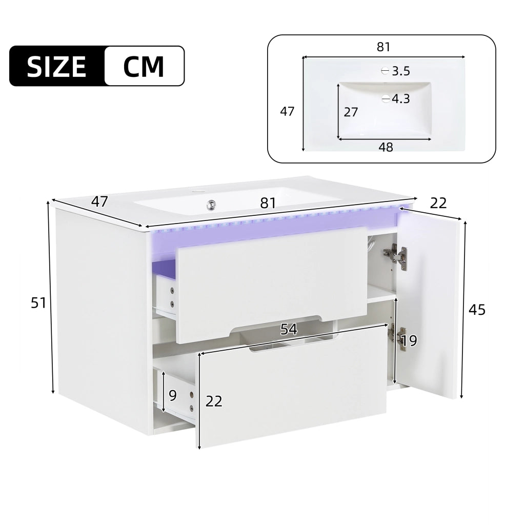 Mobile bagno sospeso 81 cm bianco con lavabo in ceramica e cassetti