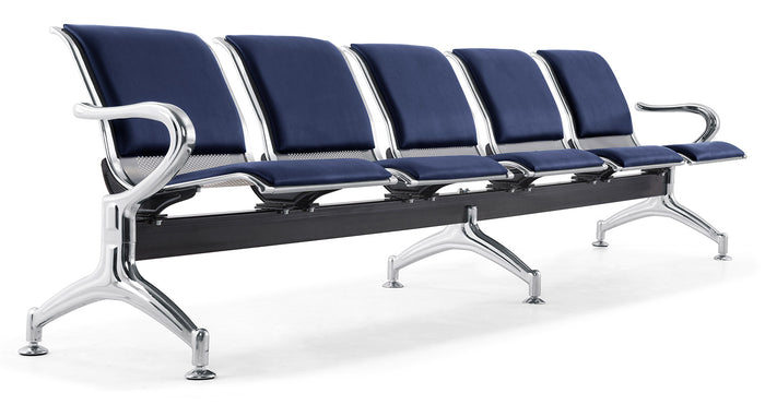 Panca per Sala Attesa 5 Posti da Ufficio con Cuscino in Acciaio e Similpelle Argento/Blu Navy