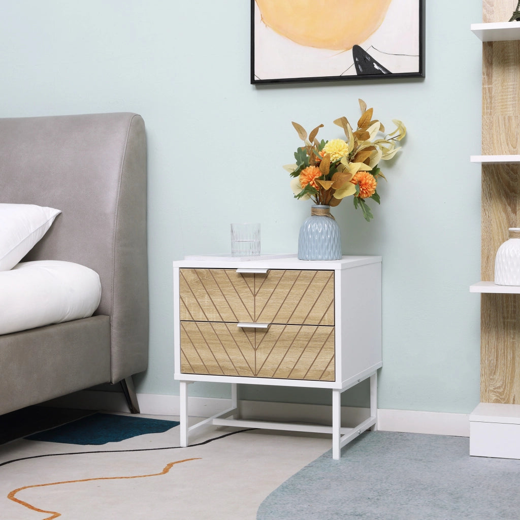 Comodino con 2 cassetti ¨C Minimal ¨C 45x39x48 cm bianco e rovere