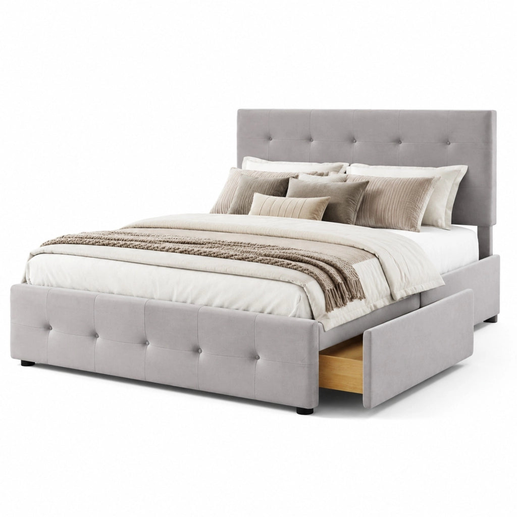 Letto matrimoniale imbottito con 4 cassetti e rete a doghe; in tessuto grigio