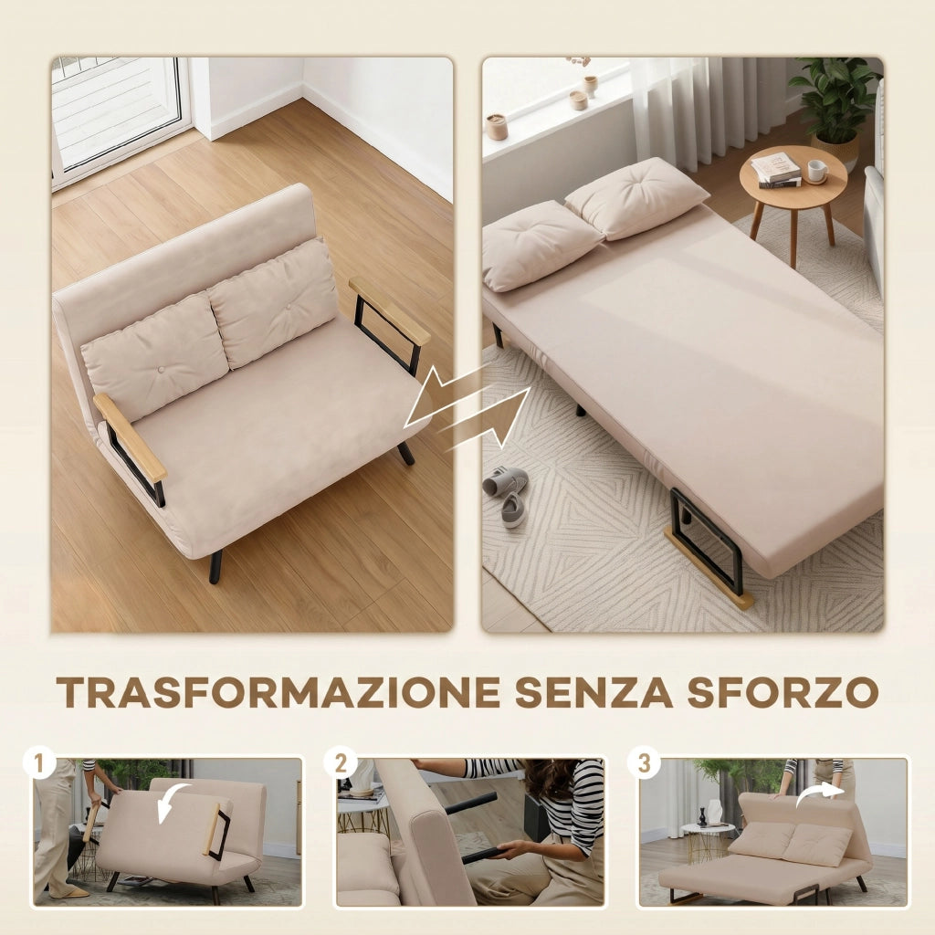 Divano Letto 3 Posti in Tessuto Effetto Velluto con Schienale Regolabile e Cuscini ¨C Zephmum ¨C 102x73x81 cm Beige