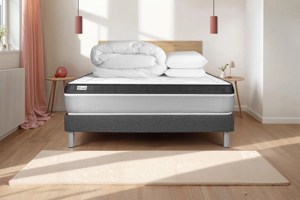 Pacchetto letto completo - Materasso 160x200cm + Box spring con doghe (in kit) + 2 cuscini + Piumino - Vital Ergo