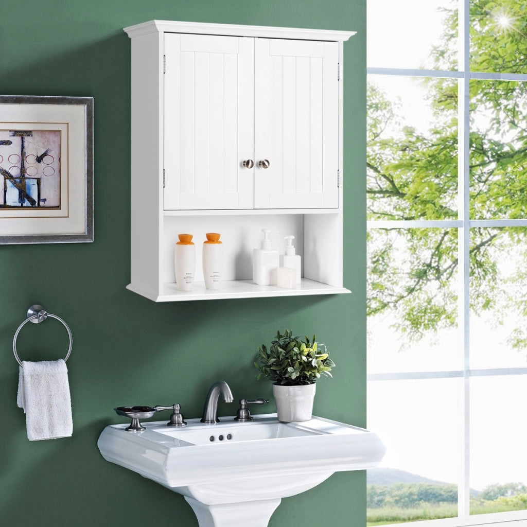 Mobile sospeso da bagno a parete con ante e ripiani-Mobile in legno per cucina camera da letto Bianco