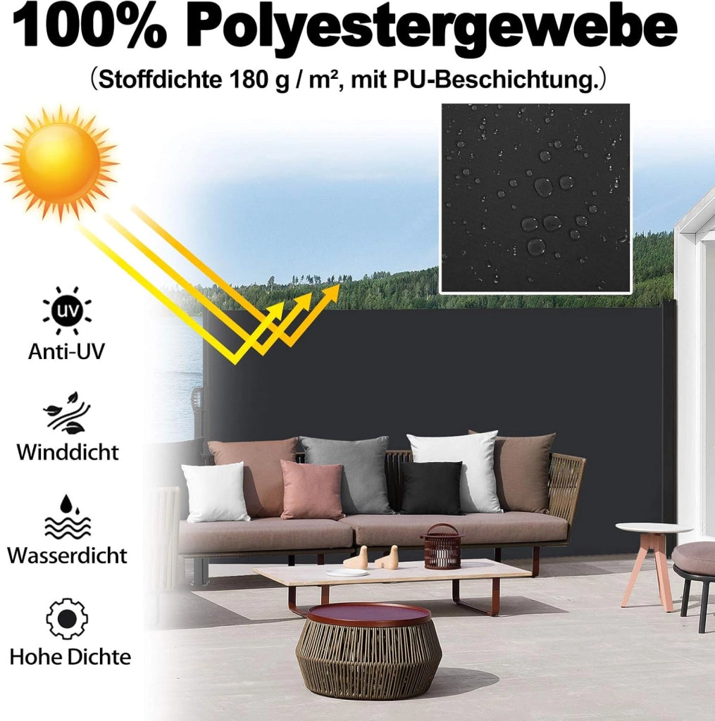 Tenda da Sole Laterale Estensibile 180 x 600 cm Paravento Laterale Privacy Protezione Frangivento per Balcone Terrazza Giardino, Antracite