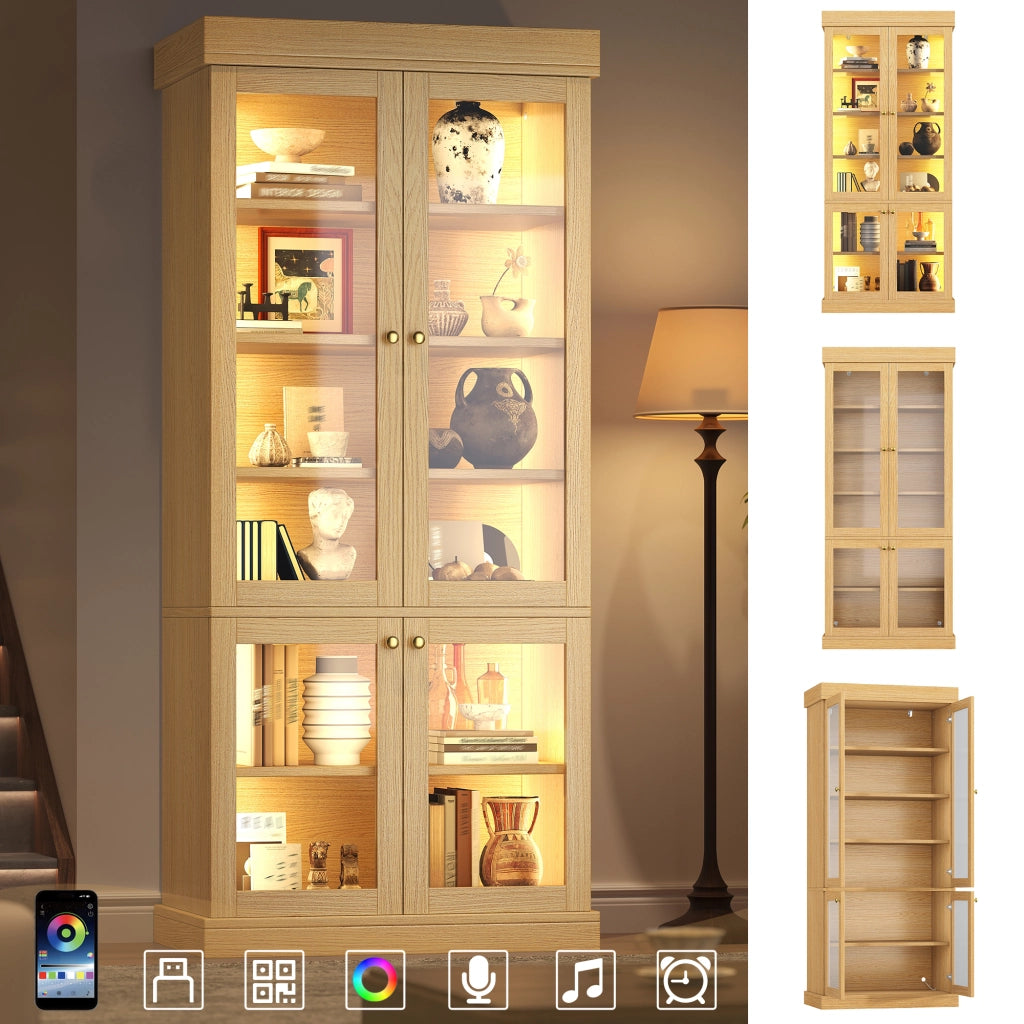 ARMADIO ALTO 160x40x180 cm MDF e vetro Naturale con LED Set da 2 pezzi