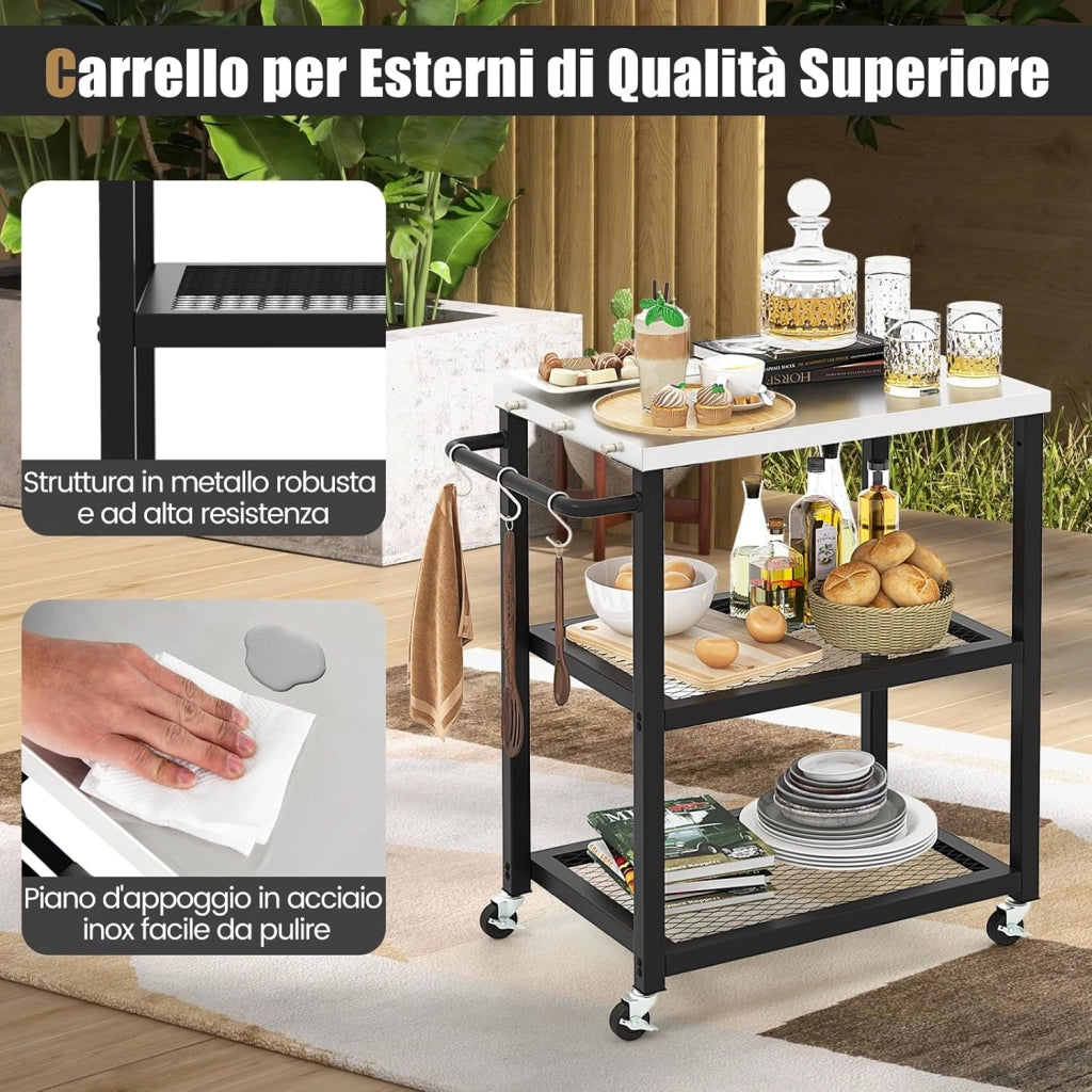 Carrello Grill da Esterno a 2/3 Piani, Supporto per Forno per con Piano e Maniglia in Acciaio Inossidabile, Carrello per Barbecue con Ganci e Ruote, Multiuso(3 Livelli)