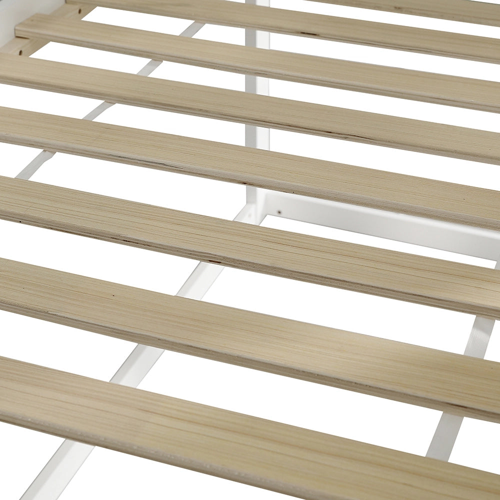 Letto Casa Bambini – Xylo – 90x200cm, Scala, Protezione Anti-Caduta, 2 Finestre Grigie, Ripostiglio Sottoletto, Bianco/Grigi