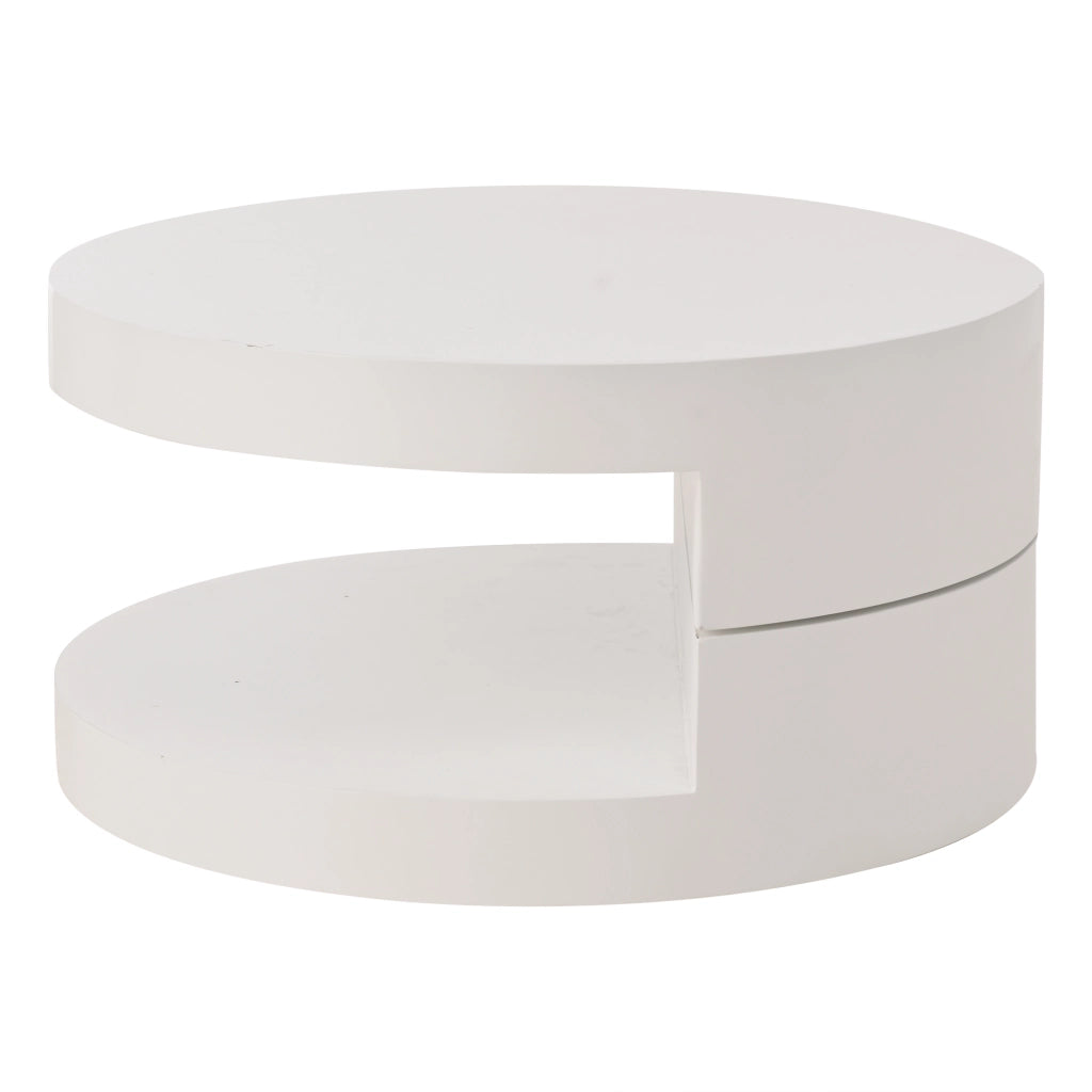 Tavolino basso cilindrico con piano girevole a 360°, LED e doppio ripiano in MDF bianco 70 × 70 × 35,5 cm