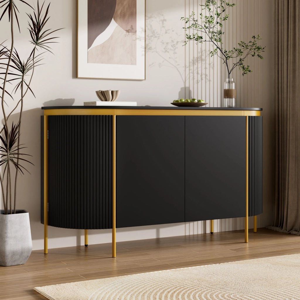 Credenza da 4 ante, mobile da ingresso, in MDF, con gambe in metallo, angoli arrotondati, colore nero