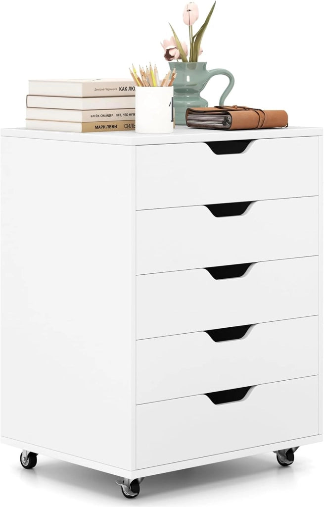 Cassettiera da Ufficio con 5 Cassetti e Ruote, Mobiletto Multiuso per Documenti e Cosmetici, Comodino con Ruote per Camera da letto, Studio, Ufficio e Soggiorno (Bianco)