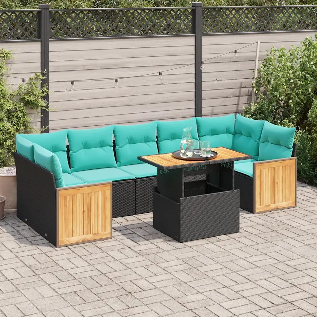 Set Divani Giardino 10pz con Cuscini Nero in Polyrattan Acacia