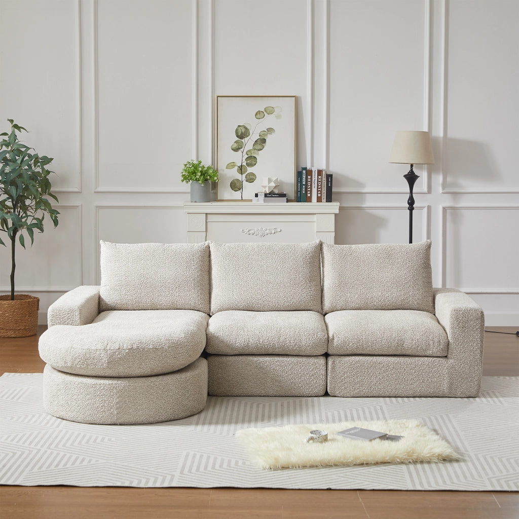 Divano modulare a quattro moduli con chaise longue reversibile e cuscini cervicali, in ciniglia beige e ferro