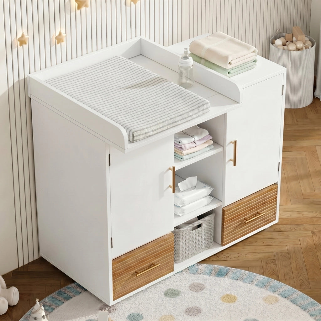 Cassettiera fasciatoio multifunzione con armadietto contenitore, cassetti e ripiani, 114 x 53 x 92 cm