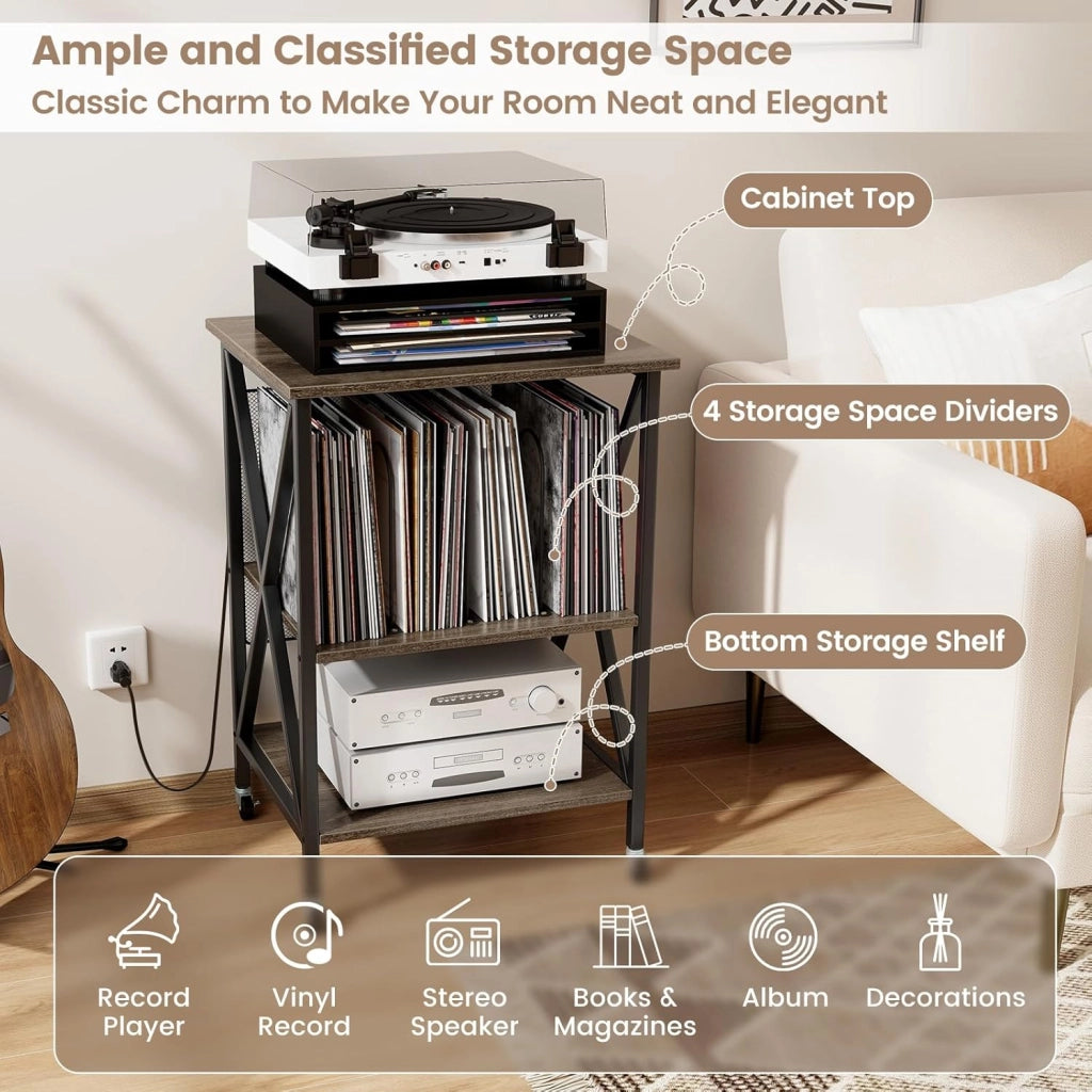 Supporto per Giradischi, Tavolo per Conservare Dischi in Vinile, Tavolo per Giradischi in Stile Mid-Century con Stazione di Ricarica, Ruote Bloccabili per Camera da Letto, Soggiorno (Grigio)
