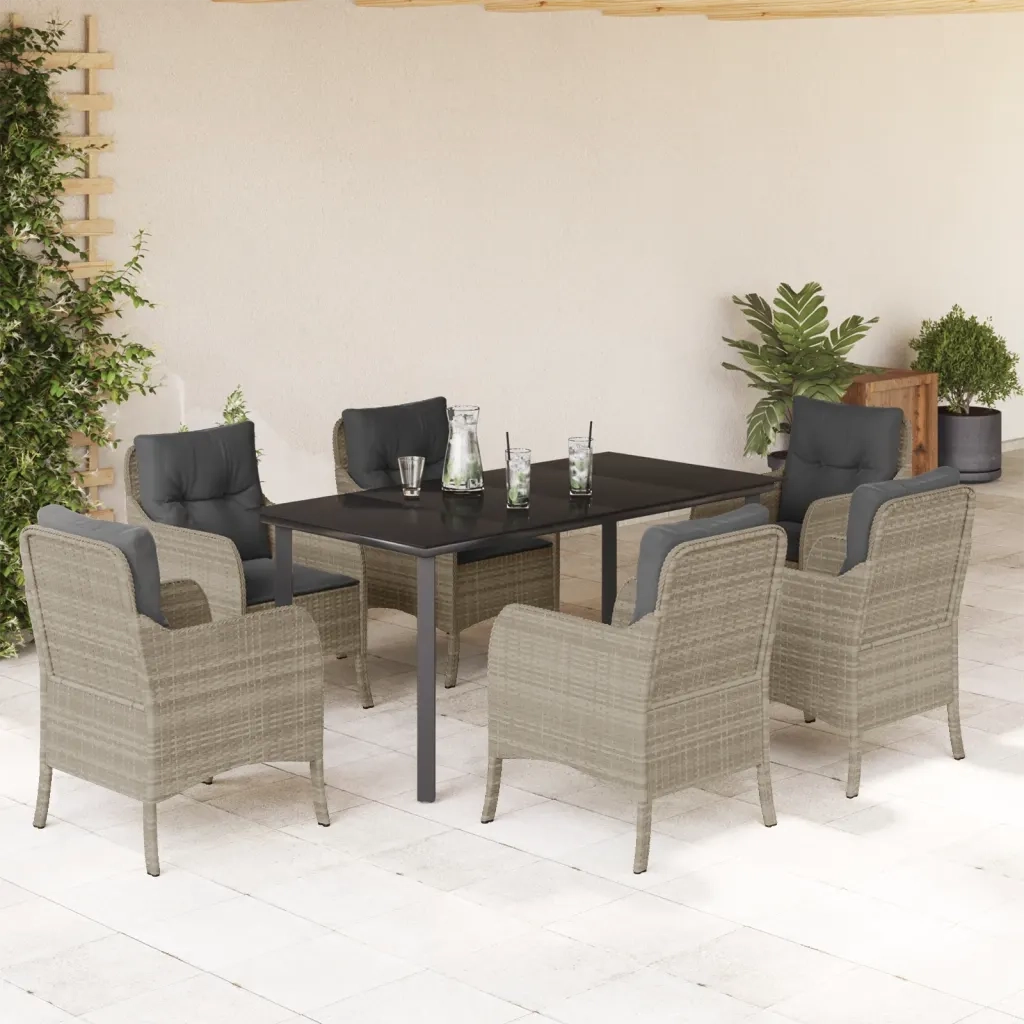 Set da Pranzo da Giardino 7 pz Cuscini Polyrattan Grigio Chiaro 3212001