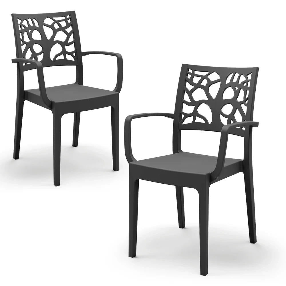 Set 2 sedie con braccioli in polipropilene TETI, impilabile, resistente ai raggi UV, design moderno, ideale per ambienti interni ed esterni, colore Ghisa