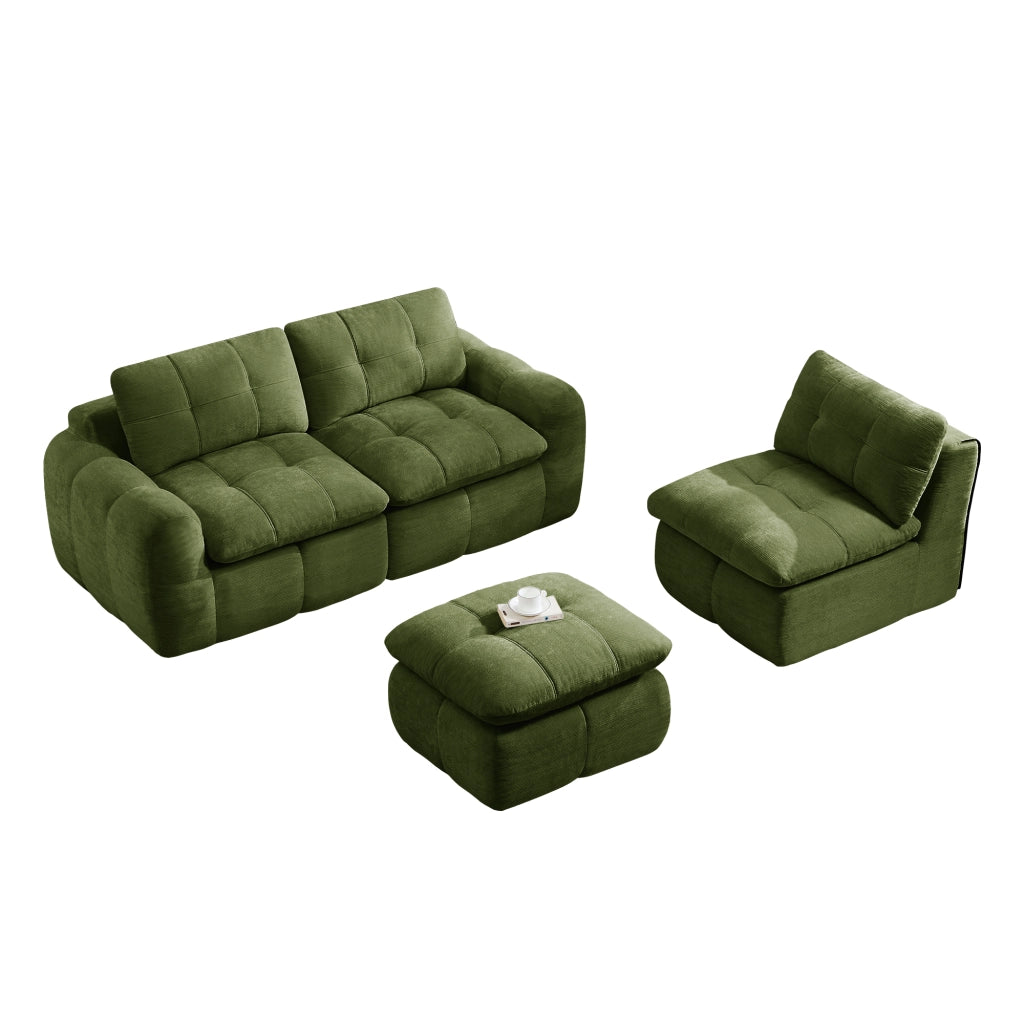 Divano modulare angolare 3 posti - con pouf coordinato - per soggiorno - in chenille verde