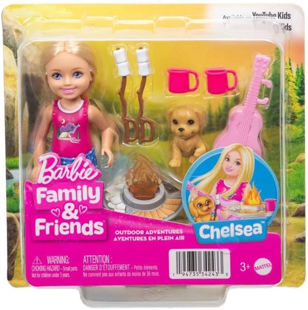 Barbie - Chelsea Avventure all`Aperto, Set con Mini Bambola Chelsea bionda con Top e Shorts a Pois, Amico Cucciolo e 5 A