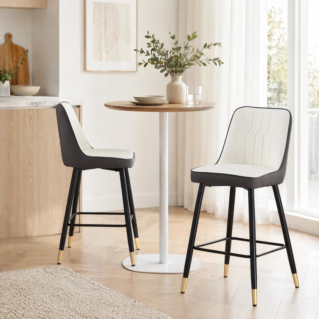 Sgabello da Bar Set da 2 con Schienale Ergonomico e Poggiapiedi, in Metallo e Similpelle, Grigio Scuro e Bianco, 100 cm